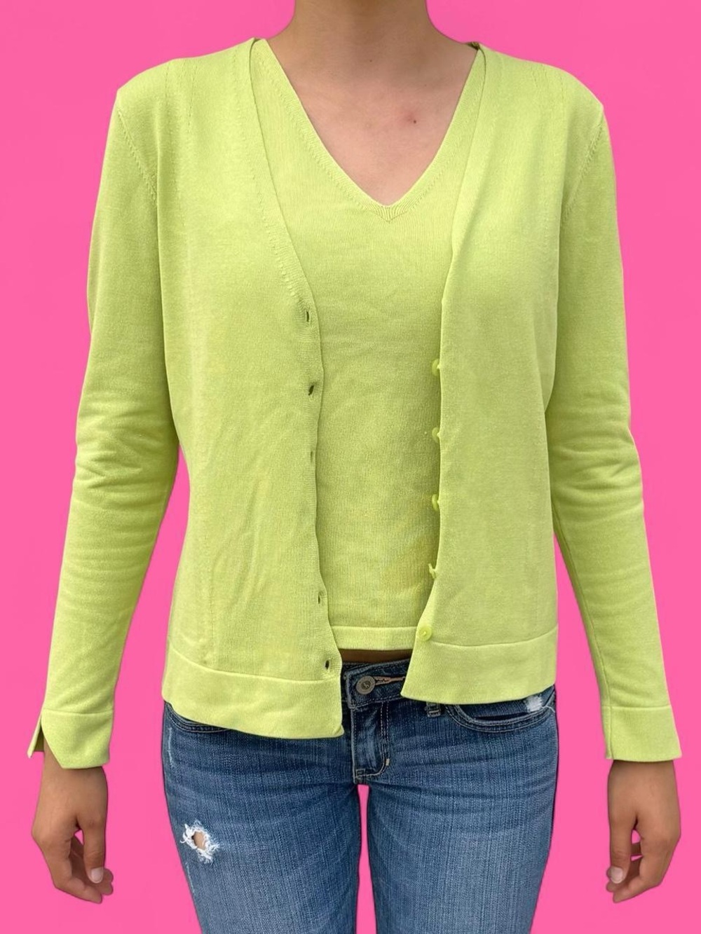 y2k! talbots apple green 🍏 silk 2-piece tank & cardigan set!